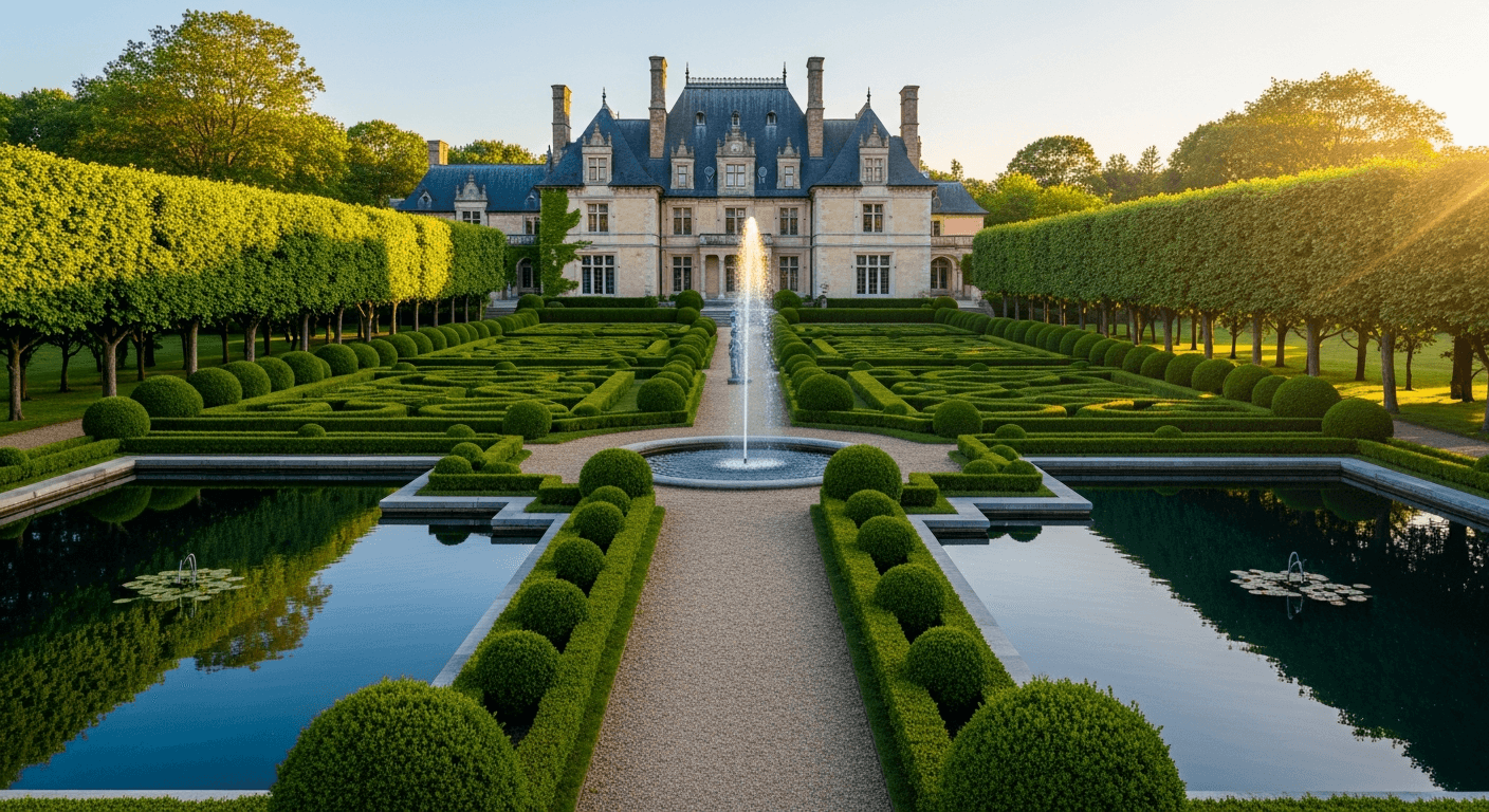 A grand old-money American estate at golden hour — symmetrical French chateau facade with formal parterre garden, twin reflecting pools, and a central fountain.